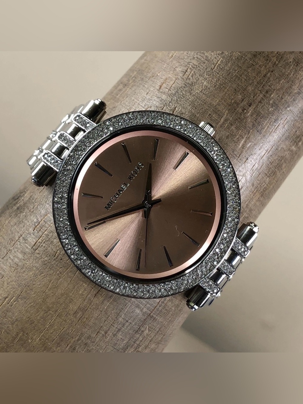 Michael Kors Rose Gold Dial Crystal Bezel Silver Bracelet Watch